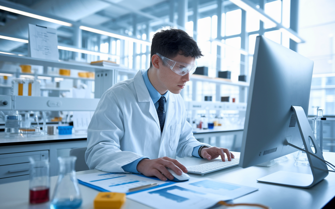 A focused medical student in a lab coat, conducting research in a modern laboratory. The room is filled with scientific equipment and research papers, illustrating the intense study environment. The student is analyzing data on a computer with a determined expression, embodying the pursuit of knowledge and contribution to medical science. Bright, clear lighting creates an inspiring and intellectually stimulating atmosphere.