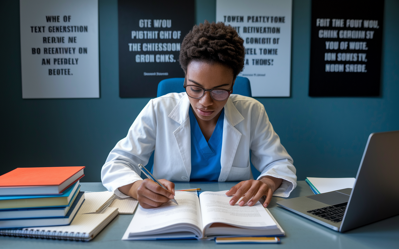 A determined medical student at a study desk, deeply focused on writing a personal statement for residency applications. The desk is filled with reference books, notes, and a laptop screen showing a draft of the statement. Soft lighting accentuates their intent expression, surrounded by motivational quotes on the walls, creating an atmosphere of creativity and personal growth.