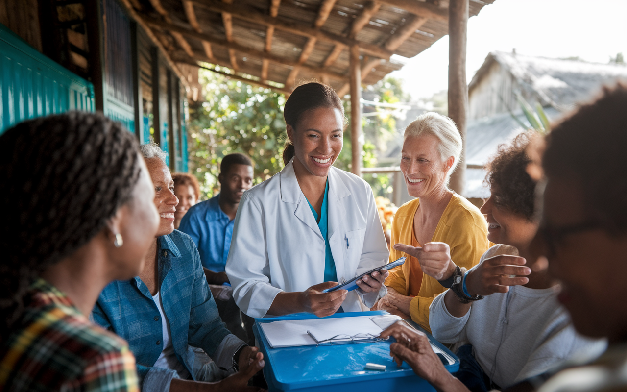 A compassionate medical professional volunteering in a rural health clinic abroad, interacting with local patients. The scene showcases a diverse group of people, vibrant village setting, and healthcare activities, symbolizing dedication to global health. Bright sunlight casts warm hues, emphasizing the connection and impact of medical service in different communities.