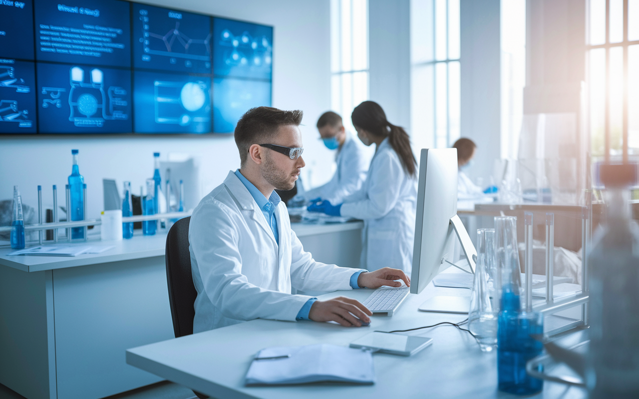 A bright and modern clinical research lab filled with advanced equipment and researchers in lab coats. A focused medical graduate analyzes data on a computer with a large screen in the background displaying graphs and medical diagrams. The atmosphere conveys innovation and excitement, illuminated by natural light streaming through large windows, suggesting a role dedicated to advancing medical science.