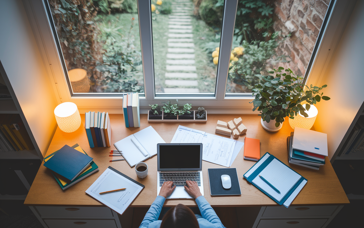 An organized home office where a medical writer works diligently on a laptop. The desk is scattered with medical textbooks, notes, and a cup of coffee. A large window overlooks a peaceful garden, symbolizing creativity and focus. Warm lighting enhances the cozy atmosphere, representing the flexibility and independence in medical writing.