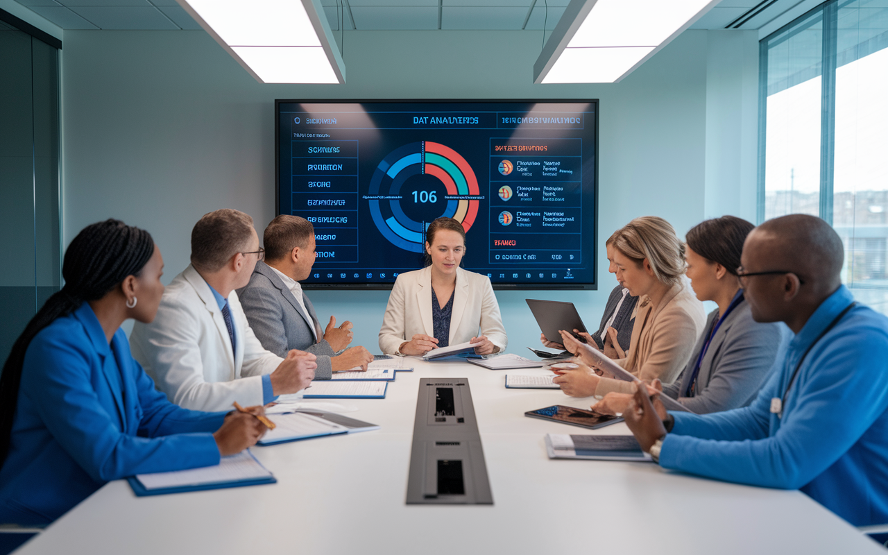 A dynamic meeting room where healthcare consultants gather around a modern conference table, discussing patient outcomes and operational strategies. A large screen displays data analytics in an engaging format, while various documents are spread out. The environment is professional yet energetic, with bright overhead lights highlighting the importance of collaboration and innovation in healthcare.