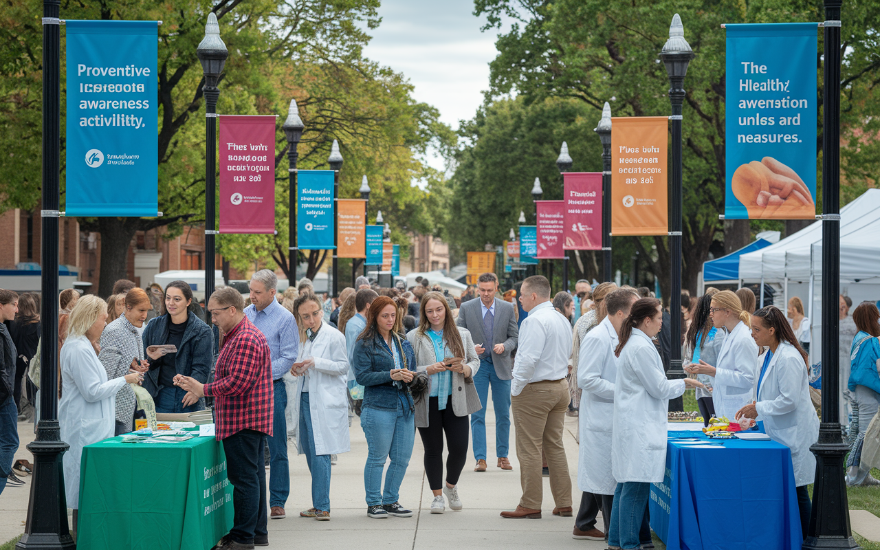 A vibrant community event focused on public health, showcasing health professionals educating the public with informational booths and engaging activities. Diverse groups of people interact with healthcare providers about preventive measures. The scene is lively and colorful, surrounded by banners promoting health awareness, radiating a sense of community and social responsibility.