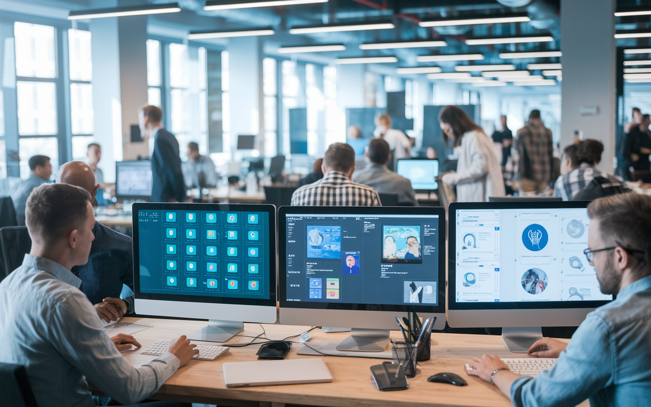 An innovative workspace filled with technology developers brainstorming ideas for health tech solutions. Monitors display app designs and innovative health tech products under construction. The space is modern and collaborative, imbued with bright lighting and an atmosphere of creativity and forward-thinking, representing the intersection of healthcare and technology.