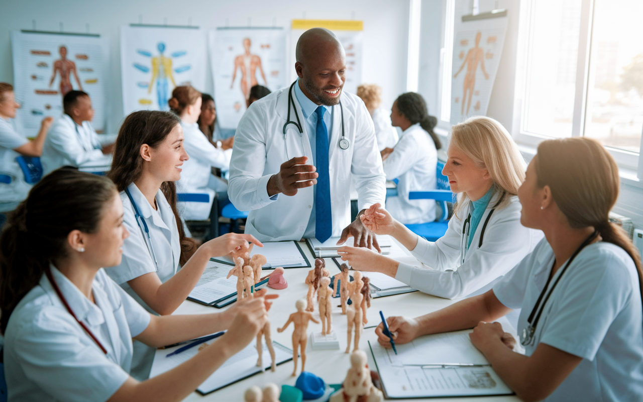 An engaging medical classroom setting where a passionate educator is teaching budding medical students. The room is filled with medical charts, anatomical models, and students actively participating in discussions. Bright, natural light pours through the windows, creating an inspiring and dynamic learning environment that fosters curiosity and knowledge.