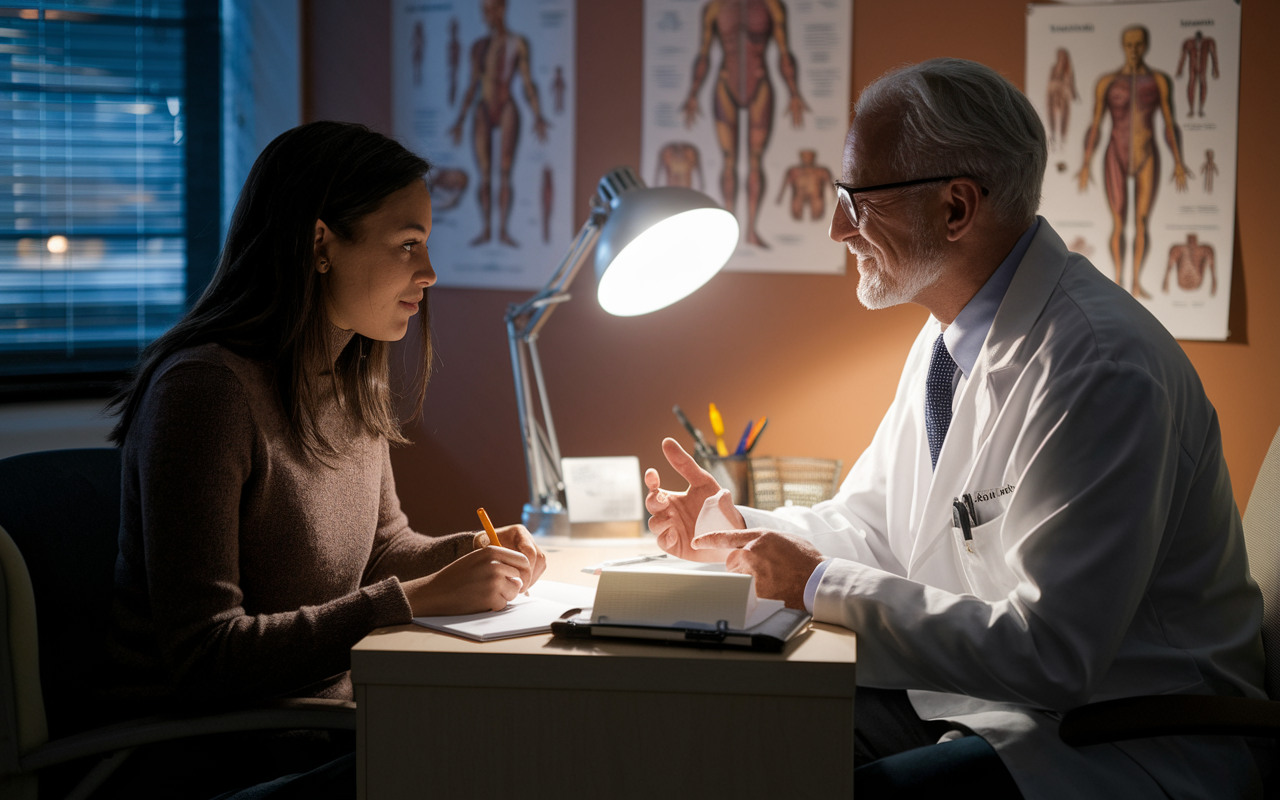 An intimate setting showing a young medical resident sitting with a seasoned mentor in an office. The mentor, an older professional in a white coat, shares wisdom while the resident takes notes eagerly. Warm light from a desk lamp casts a cozy glow, highlighting anatomy charts on the walls. The atmosphere conveys warmth, trust, and the exchange of invaluable knowledge.