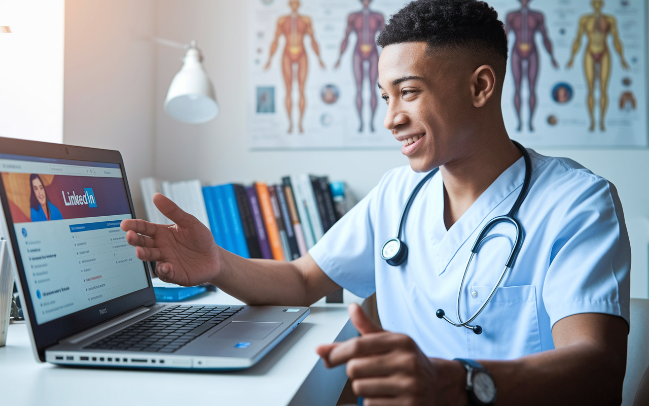 A young medical resident sitting at a desk with a laptop open, engaging on LinkedIn. The screen displays a vibrant profile with connection notifications. The background shows medical textbooks and a poster of anatomy. The room is brightly lit, and the resident's expression is one of focus and determination, symbolizing the power of online networking in the medical field.