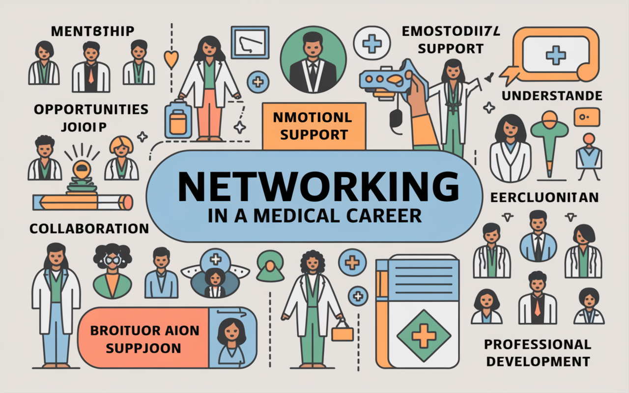 A visual infographic summarizing the benefits of networking in a medical career. Elements include icons for job opportunities, mentorship, emotional support, collaboration, and professional development. The design features a clean layout with soothing colors, making it easy to understand and visually appealing.