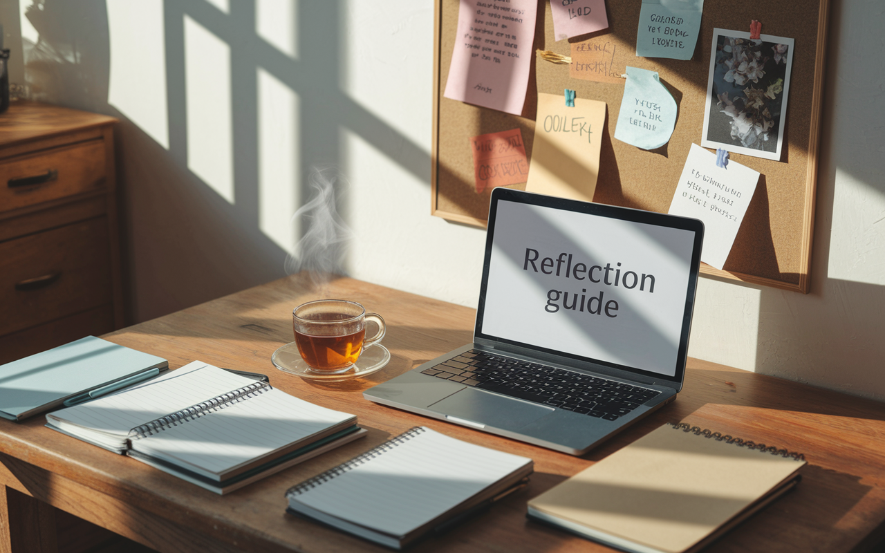 A cozy, sunlit room with a wooden table covered in journals, a laptop open to a reflection guide, and a steaming cup of herbal tea on the side. A vision board is pinned to a wall, decorated with notes, quotes, and images that represent dreams and goals. The warm, inviting colors enhance a motivational atmosphere, with soft shadows cast by afternoon sunlight streaming through a nearby window.