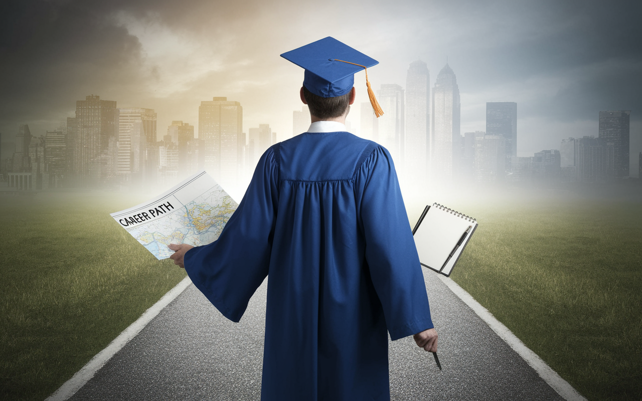 An ambitious medical graduate standing at a crossroads, with one path leading to a vibrant cityscape symbolizing successful career opportunities and the other a foggy, obscured route representing setbacks and uncertainty. The graduate looks determined, holding a map labeled 'Career Path' in one hand, with a notebook and pen in the other. The atmospheric lighting creates a sense of hope while the contrasts symbolize the choices ahead.