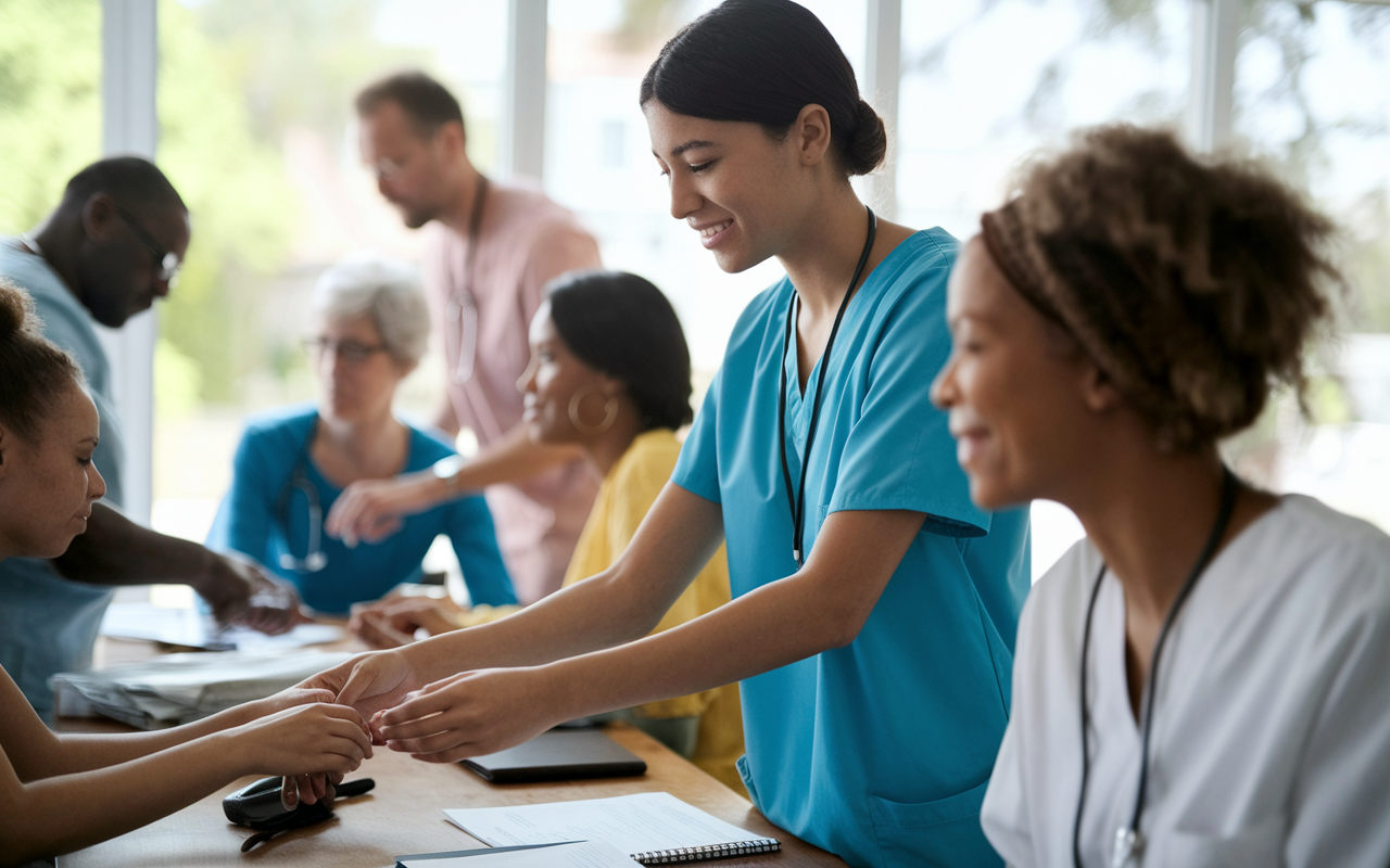 A compassionate young volunteer in scrubs actively assisting in a bustling community health clinic. The scene captures a diverse group of patients seeking care, with medical professionals and volunteers working collaboratively. Bright natural light filters through the windows, creating a warm and welcoming atmosphere that emphasizes the importance of community and service.