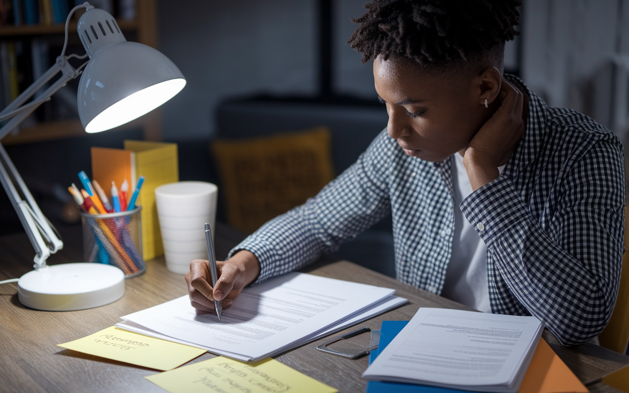 A focused applicant updating their CV and personal statement in a cozy study room, surrounded by notes and application guidelines. The scene exudes determination, with a bright desk lamp illuminating their work area. The atmosphere conveys seriousness and ambition, underlining the importance of meticulous preparation for future applications.