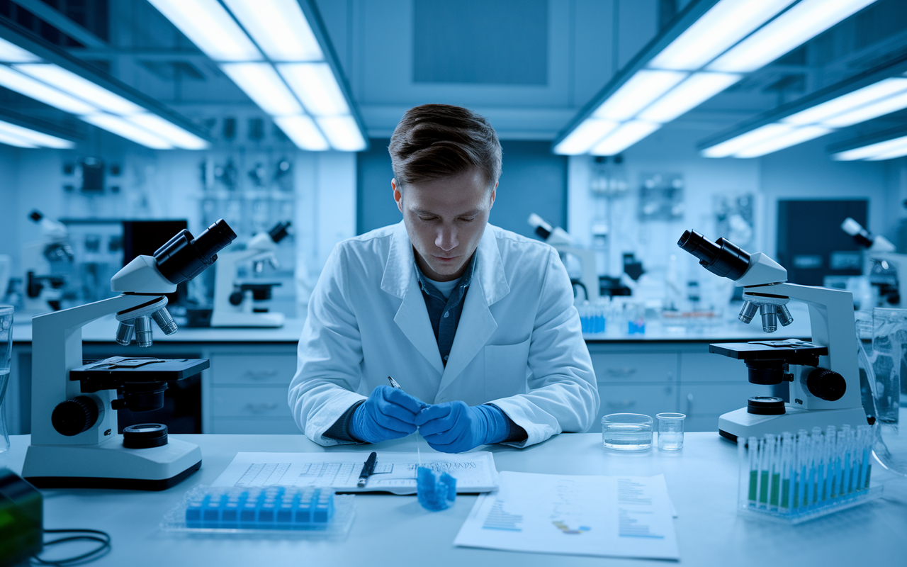 A focused young researcher working diligently in a high-tech laboratory filled with microscopes, data charts, and medical research equipment. The ambiance is serious yet dynamic, showcasing a commitment to advancing medical knowledge. The room is well-lit with fluorescent lights, casting a clean white glow ideal for intricate research work.