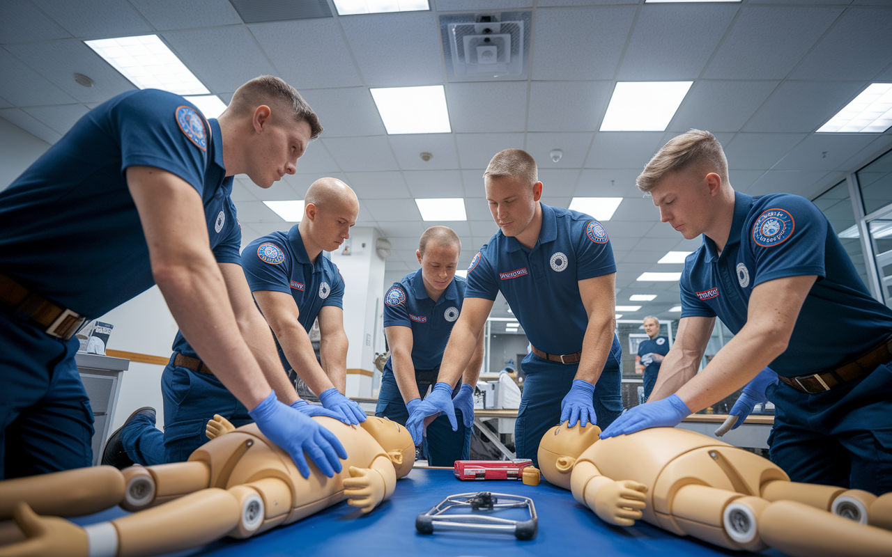 A group of aspiring EMTs in a practical training session, learning advanced life-support techniques. The setting is a well-equipped training facility with dummies and medical tools. The instructor, an experienced paramedic, actively guides the students, demonstrating procedures. Bright overhead lighting highlights the intensity of the training, instilling a sense of urgency and importance in learning.