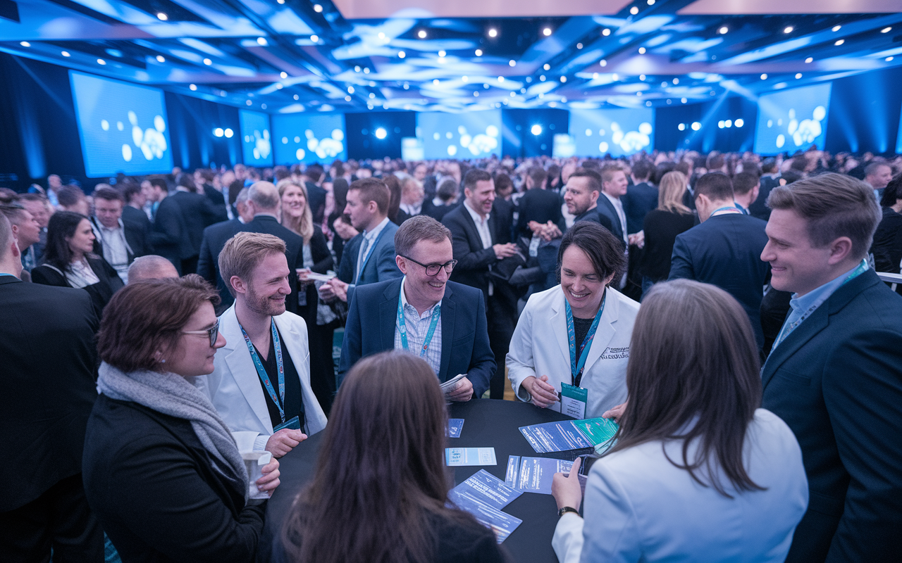 A lively networking event in a spacious conference hall, filled with aspiring medical professionals and experienced physicians sharing insights. Participants are engaged in conversations, with brochures and business cards exchanged. The atmosphere is vibrant, filled with laughter and excitement, illuminated by professional lighting that reflects the importance of building meaningful connections.