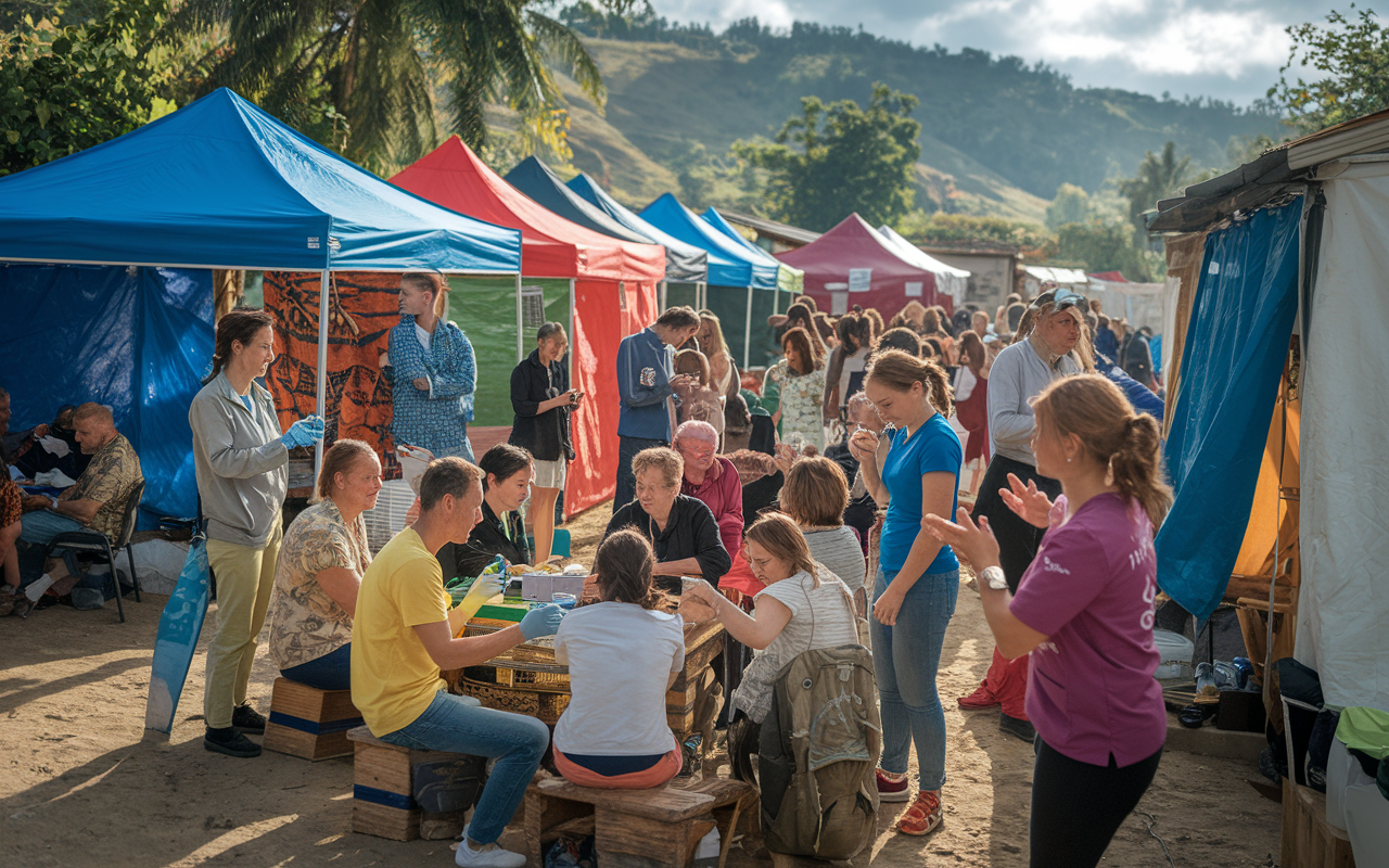 A diverse group of medical volunteers in a remote village setting, providing healthcare to local residents. Colorful tents and makeshift clinics are set up in a scenic environment, showcasing cultural immersion. The atmosphere is filled with energy and hope as volunteers interact compassionately with patients. Natural light bathes the scene, highlighting the selfless nature of their work.