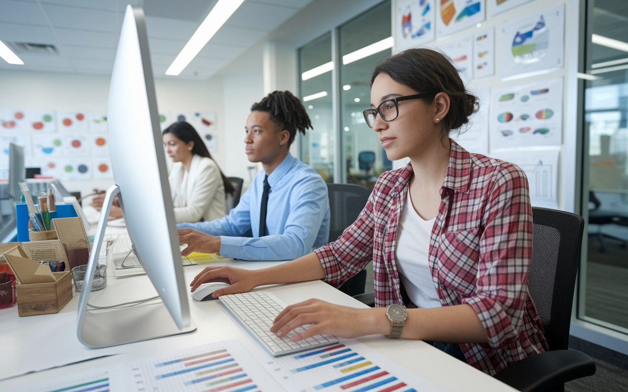 A young intern working at a public health department, analyzing population health data on a computer. The office is filled with charts, health reports, and teamwork atmosphere, showcasing collaboration among health professionals. Bright office lighting creates an open and inviting space, emphasizing the significance of public health initiatives in the community.