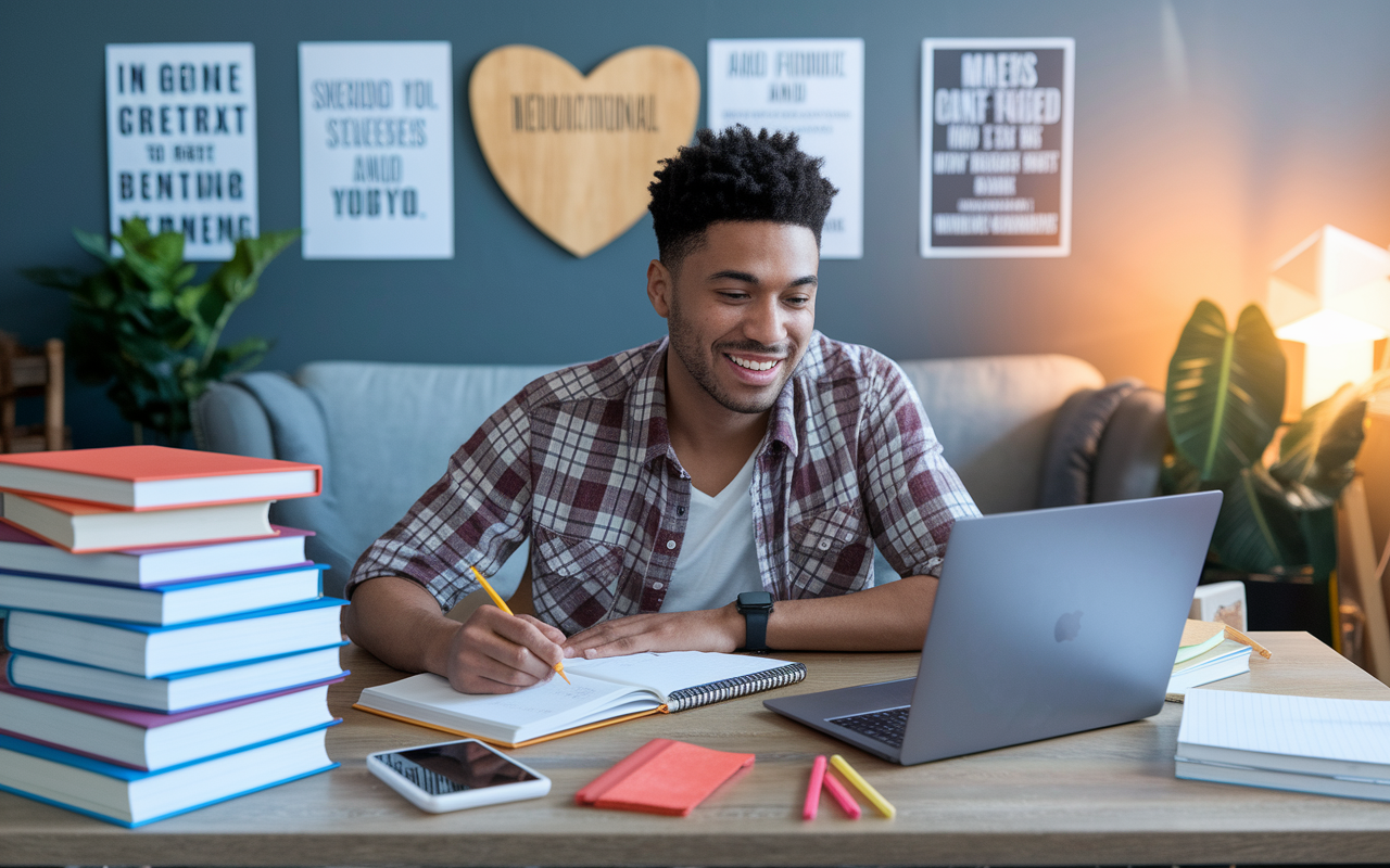 An enthusiastic student engaged in online coursework for a Master in Public Health, surrounded by books, a laptop, and notes. The study space is decorated with motivational posters and educational materials, representing commitment to learning. Soft, warm lighting creates an inspiring environment conducive to academic success.