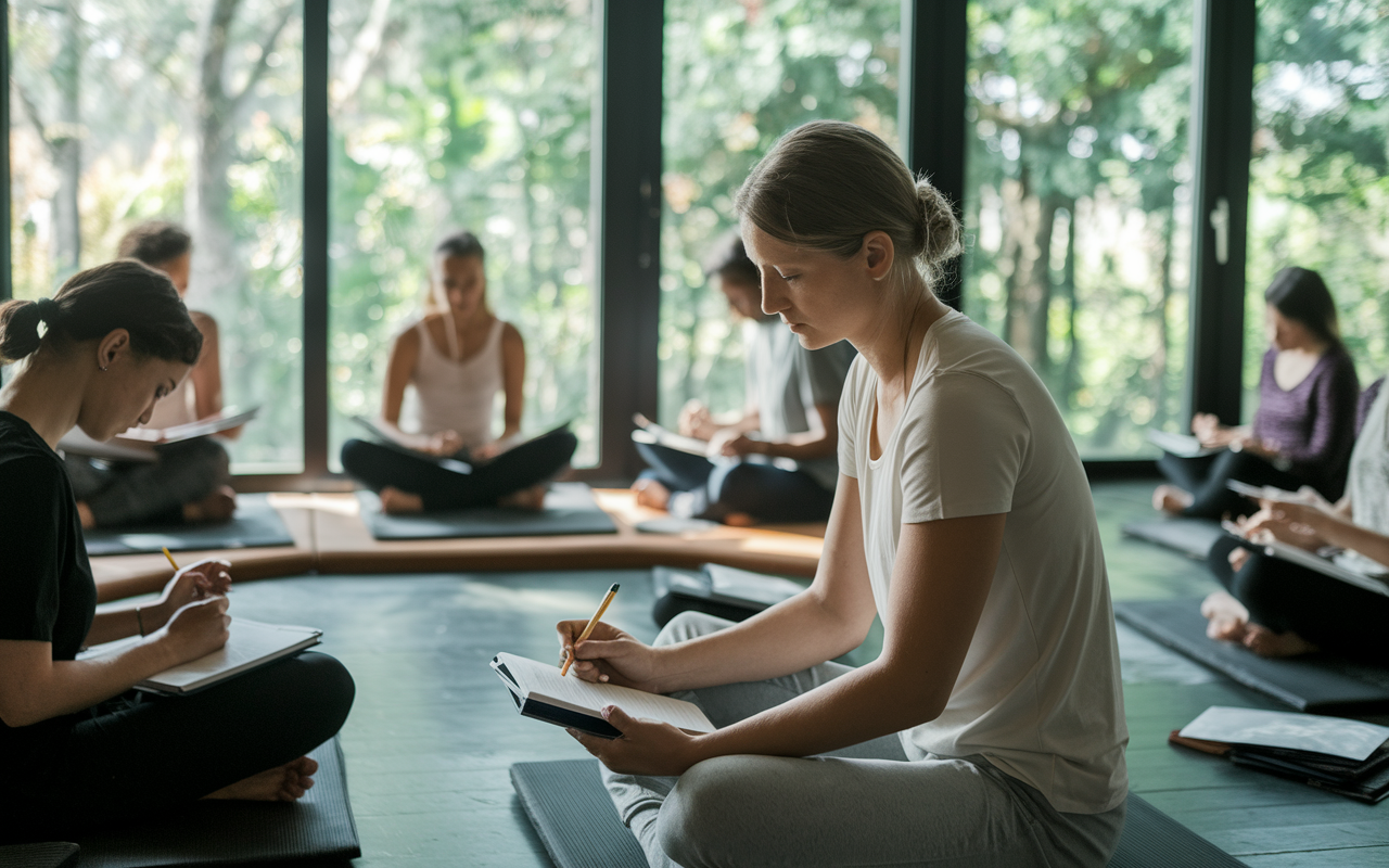 A serene self-reflection workshop setting in a peaceful retreat center, with participants engaged in mindfulness and journaling activities. Natural light floods through large windows, creating a tranquil atmosphere. The participants exhibit expressions of contemplation and inner peace, illustrating the importance of mental well-being.