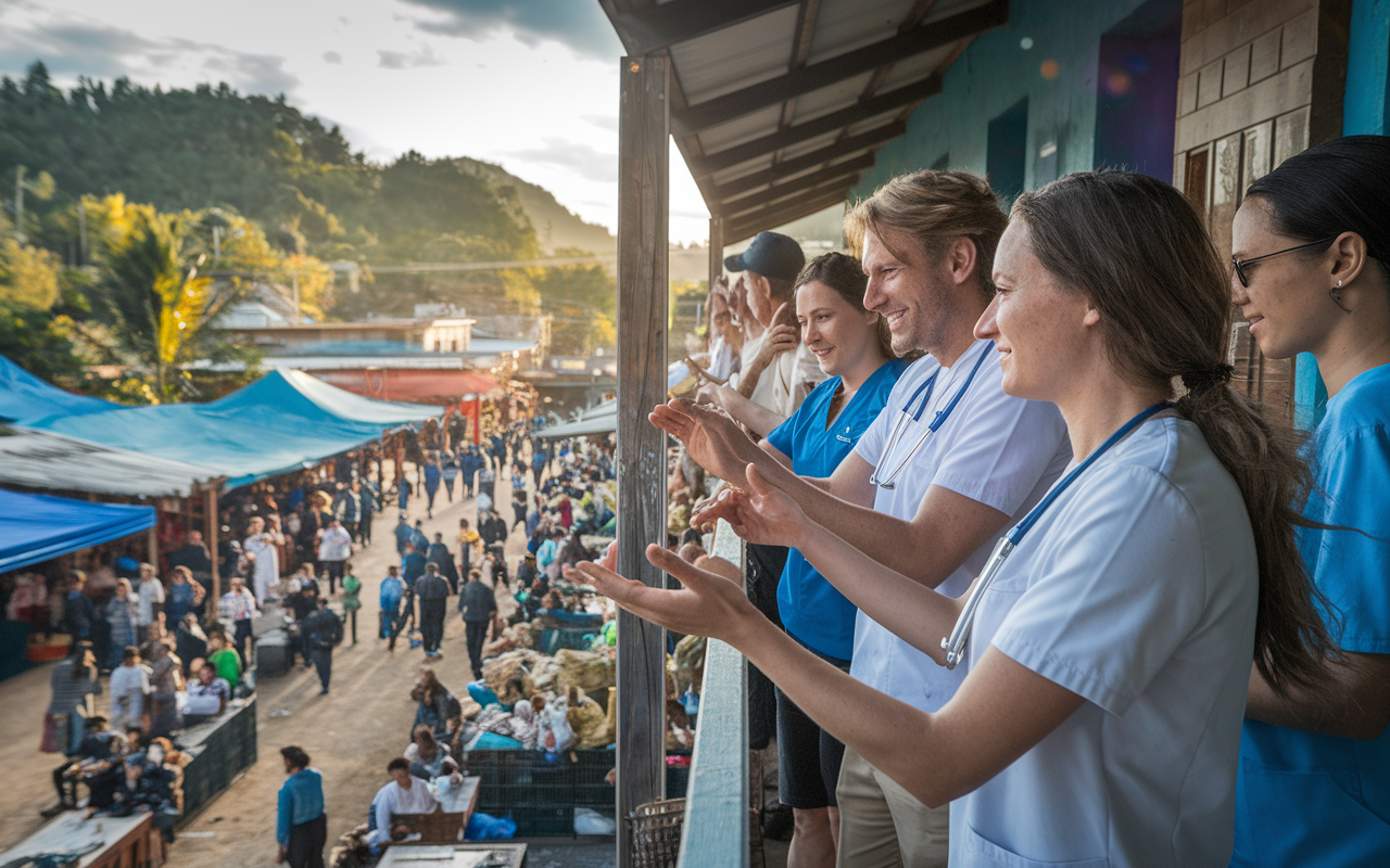 A group of medical volunteers traveling to a diverse region filled with rich culture, providing care while learning from local traditions. The scenery showcases a blend of new experiences and cultural interaction, with volunteers engaging with locals in markets and healthcare settings. The sunlight casts a warm glow, highlighting the beauty of cross-cultural understanding.