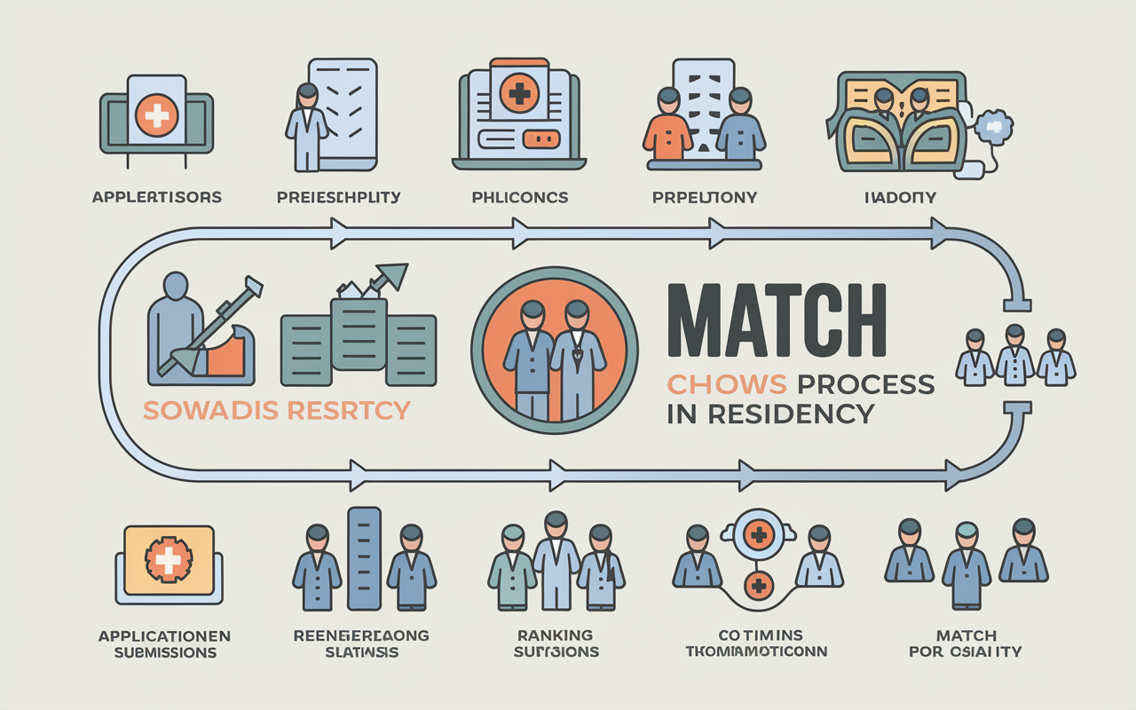 A dynamic and informative infographic illustrating the Couples Match process in residency, featuring icons representing application submissions, ranking preferences, and the match algorithm. The design uses a clean layout with arrows indicating the flow from submission to matching. The colors are soft and professional, evoking a sense of clarity and teamwork, suitable for medical students.