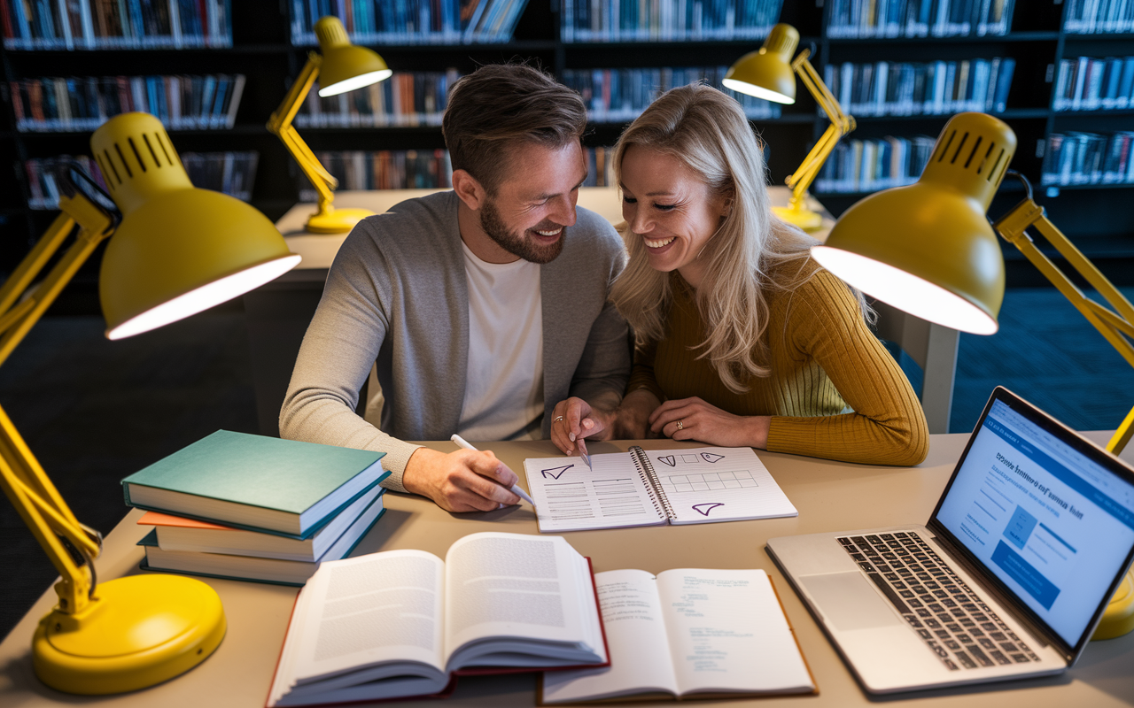 An engaging image of a couple researching residency programs at a library table, surrounded by books and a laptop displaying residency websites. They share a moment of laughter while using a notepad filled with notes and checkmarks. The atmosphere is warm and collaborative, illuminated by desk lamps with soft yellow light, symbolizing teamwork and shared aspirations.