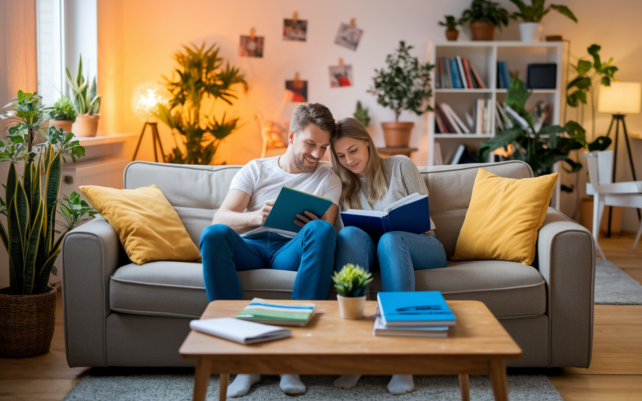 A serene scene of a couple sitting on a couch, surrounded by medical textbooks, as they share a light moment watching a movie together, creating a balance between their intense studies and personal time. The living room is cozy with warm lighting, filled with plants and mementos of their relationship, symbolizing support and love amidst their busy lives.