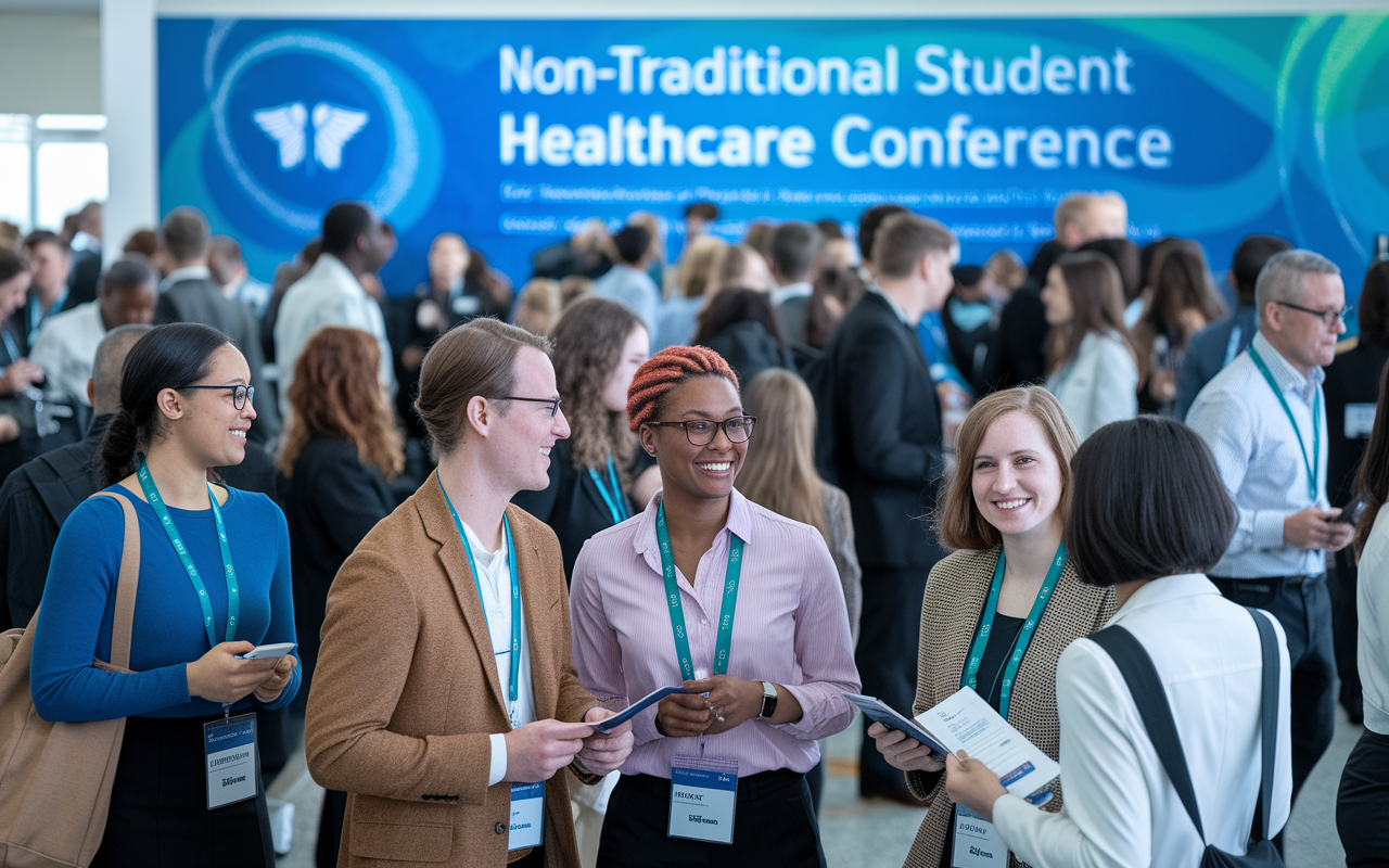 A vibrant scene depicting a non-traditional student networking at a healthcare conference. Groups of diverse individuals are conversing, sharing insights, and exchanging contact information. In the background, a large banner displays the event's theme. The atmosphere is lively with attendees wearing name tags, holding pamphlets, and engaging in discussions, highlighting the importance of connections in the medical field.