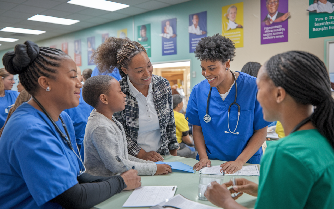 Inside a bustling community health center, a diverse group of healthcare professionals is attending to a variety of patients. A non-traditional student is observing interactions between a nurse and a child, capturing the essence of empathy and care. The environment is lively with colorful posters on the walls promoting health awareness, and the lighting is warm, creating an inviting atmosphere that showcases community health engagement.