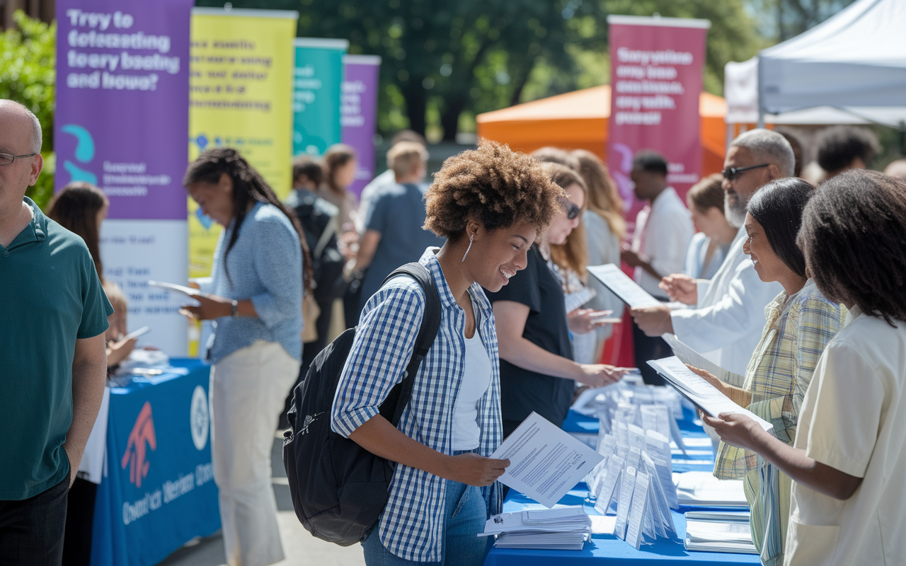 An exciting health fair scene where diverse community members are receiving health screenings. A non-traditional student is enthusiastically engaging with healthcare providers, collecting materials about wellness and health services. Colorful booths are manned by professionals offering advice and services, while vibrant banners promote health awareness. The atmosphere feels welcoming and educational, with sunlight flooding the outdoor area.