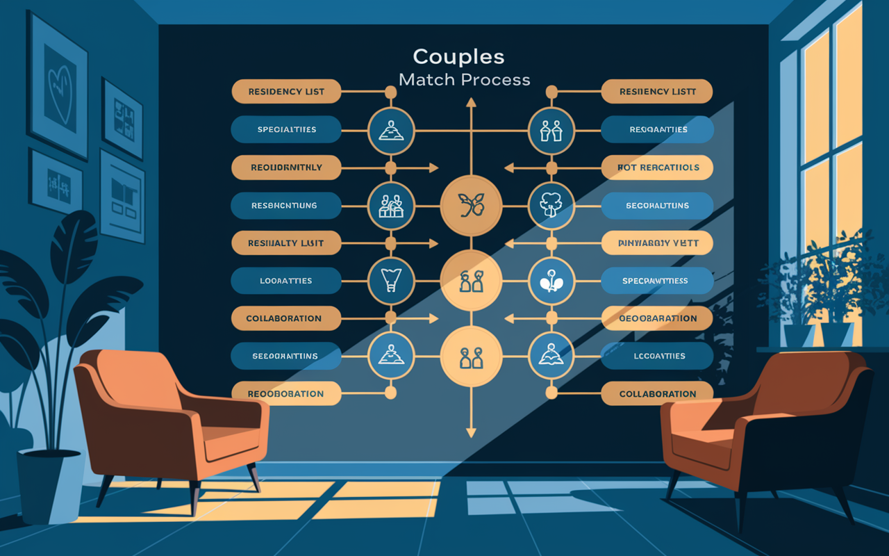 A visual representation of the Couples Match process, showing a flowchart that includes interconnected pathways between two applicants with highlighted ranking lists. These lists show symbols for various residency specialties and geographic locations. The atmosphere is professional yet inviting, using a color palette of blues and greens to symbolize trust and collaboration. Soft lighting enhances the readability of the chart while maintaining clarity.