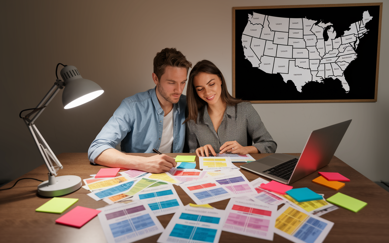 A couple at a desk, surrounded by a laptop, numerous highlighted printouts of residency programs, and colorful post-it notes. The couple is engaged in focused research, with one partner taking notes while the other types. The room is illuminated by a desk lamp, creating a warm environment. On the wall is a pinboard with a map of the country marking potential residency locations, symbolizing strategic planning.