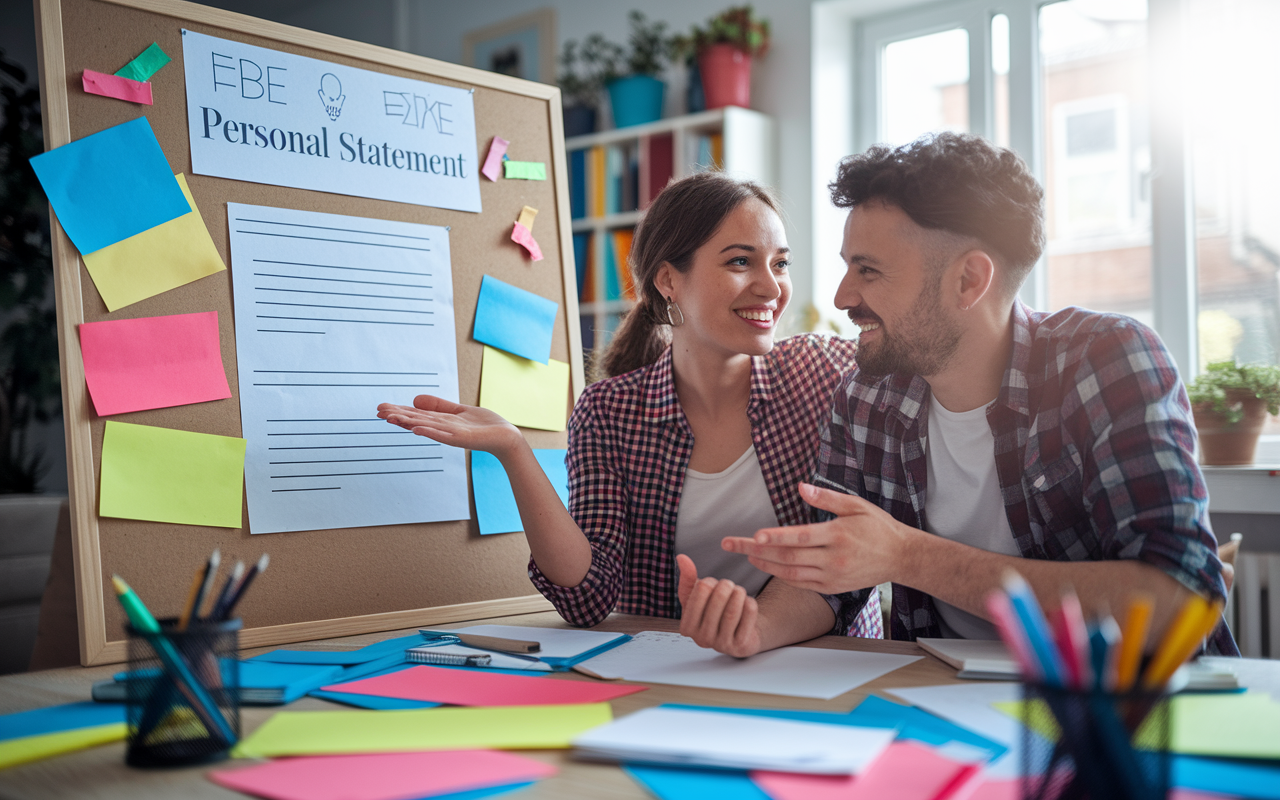 An image depicting a couple in a cozy workspace filled with colorful stationery and a large poster board with their personal statement draft pinned on it. They are brainstorming ideas together, gesturing animatedly as they collaborate. The atmosphere is vibrant and filled with energy, suggesting teamwork and creativity. Light streams in through the window, casting a hopeful glow on their faces as they work together on their joint application.