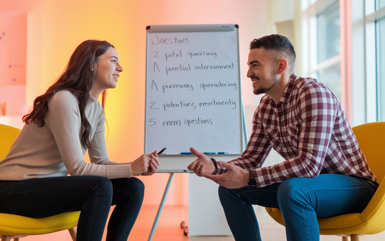 A couple sitting in a bright, inviting space, practicing for their residency interviews. One partner is role-playing as an interviewer while the other sits across, answering questions. They are surrounded by a friendly atmosphere, with a whiteboard displaying potential interview questions. Warm lighting enhances the supportive environment, showcasing their commitment to teamwork in preparing for the next big step.