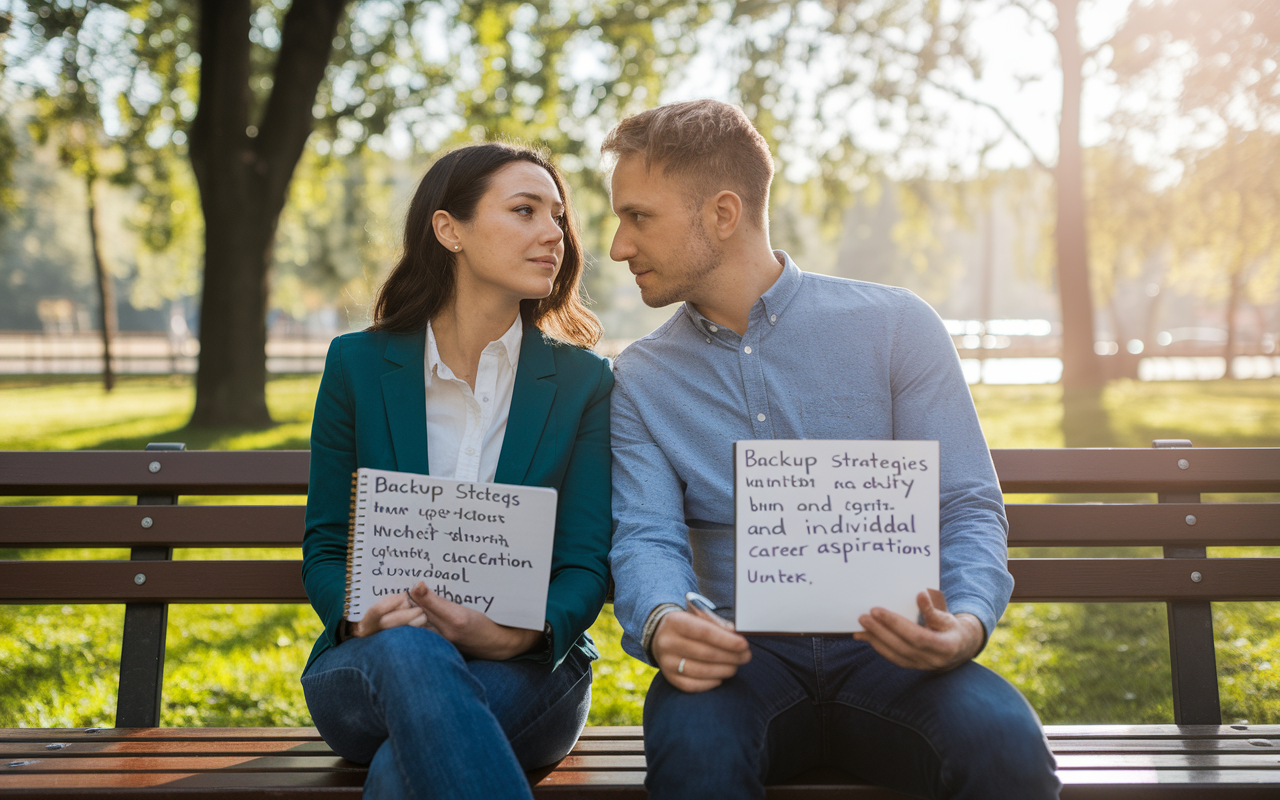 A couple sitting on a park bench, looking contemplative and discussing their future plans. They have a notebook open with backup strategies written down about alternative residency options and individual career aspirations. The scene is set in a serene park with warm sunlight filtering through trees, symbolizing hope and resilience as they navigate uncertainty together.