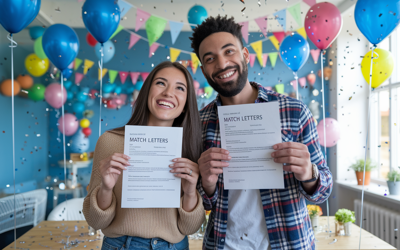 An uplifting scene depicting a couple celebrating their successful residency match with joyful expressions. They are holding match letters in a lively environment decorated with balloons and confetti. The room is bright and colorful, filled with medical-themed decorations, symbolizing their accomplishments and future together in medicine. Natural light shines in, enhancing the sense of hope and new beginnings.