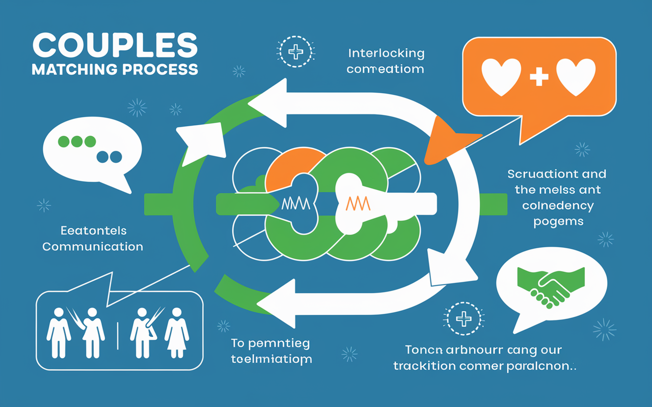 A visually engaging infographic illustrating the couples matching process. Elements include arrows and visuals showing two connected pathways leading to various residency programs. Icons representing communication (two speech bubbles), support (two hearts), and collaboration (interlocking hands) are interspersed throughout. The color scheme is calming with blues and greens, evoking unity and teamwork. Simple but informative design, suitable for educational content.