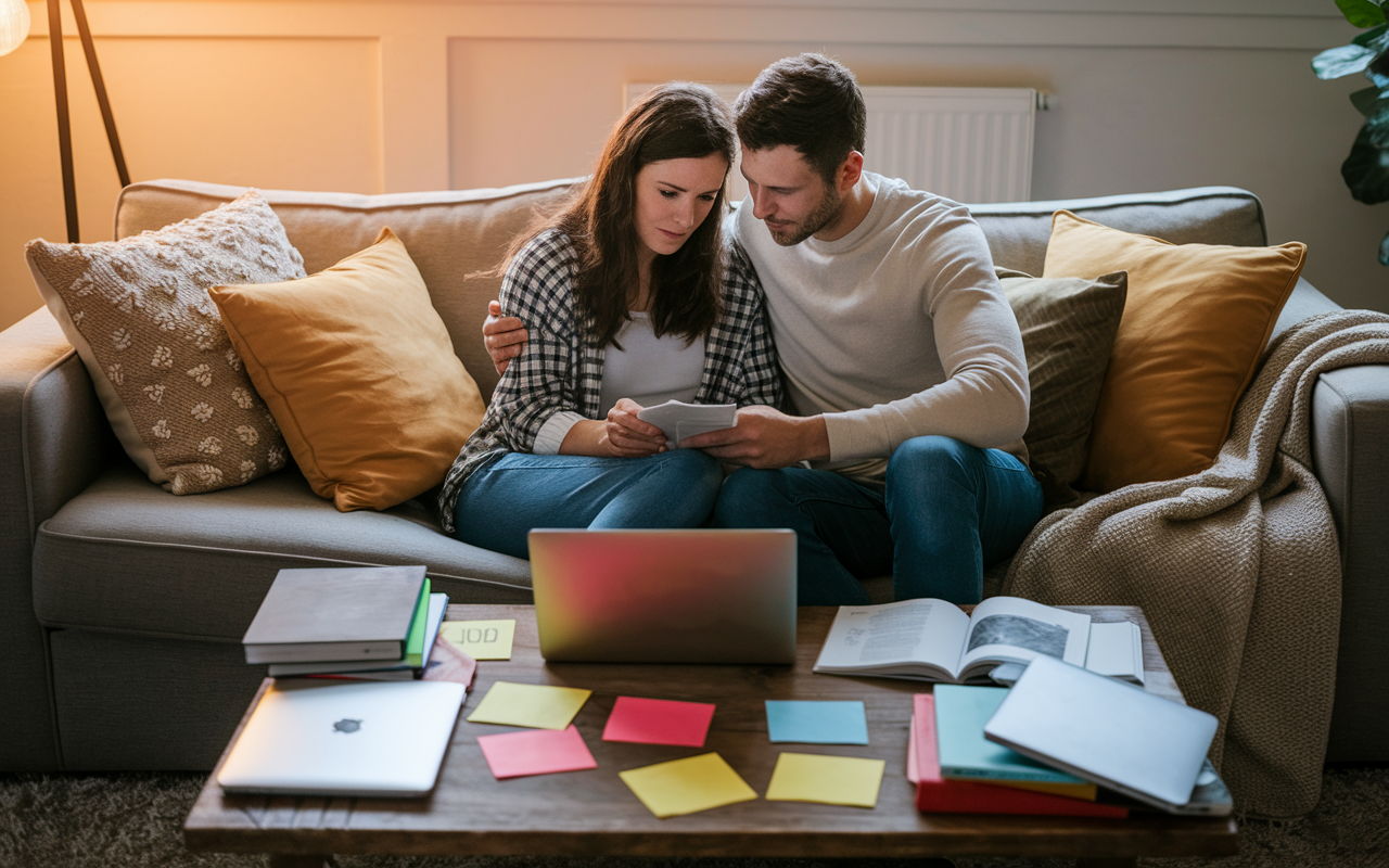 An intimate scene of a couple sitting at home on a cozy couch, surrounded by soft pillows and blankets, engaged in a heartfelt discussion about their residency options. A coffee table is cluttered with open laptops, books, and colorful sticky notes. Warm ambient lighting fills the room, creating a nurturing environment. Emotional expressions of care and understanding are depicted on their faces. Styles emphasize warmth, comfort, and connection.