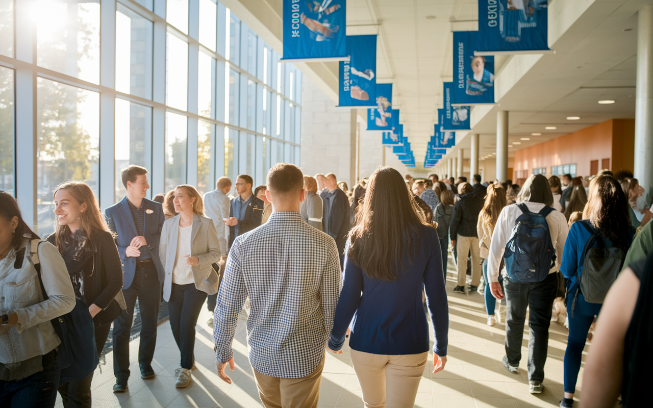 A scene depicting a couple walking hand-in-hand through the busy halls of a medical school during an open house event. They are observing faculty members talking with excited students in a vibrant environment filled with banners showcasing the program. Natural sunlight pours in through large windows, illuminating their expressions of curiosity and hope. The overall atmosphere is energetic, fostering a sense of community and partnership.