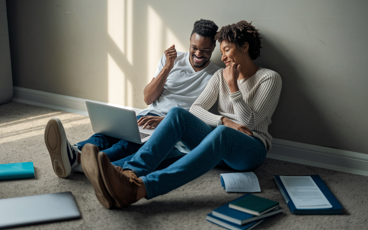 A tender scene where a couple sits together on the floor, surrounded by medical textbooks and laptops, showing contrasting emotions. One partner is smiling with a celebratory gesture, while the other reclines against the wall, thoughtful and pensive. The lighting softly highlights their expressions, conveying the complexity of the matching outcomes. The atmosphere blends joy and reflection, symbolizing the ups and downs of the couples matching process.