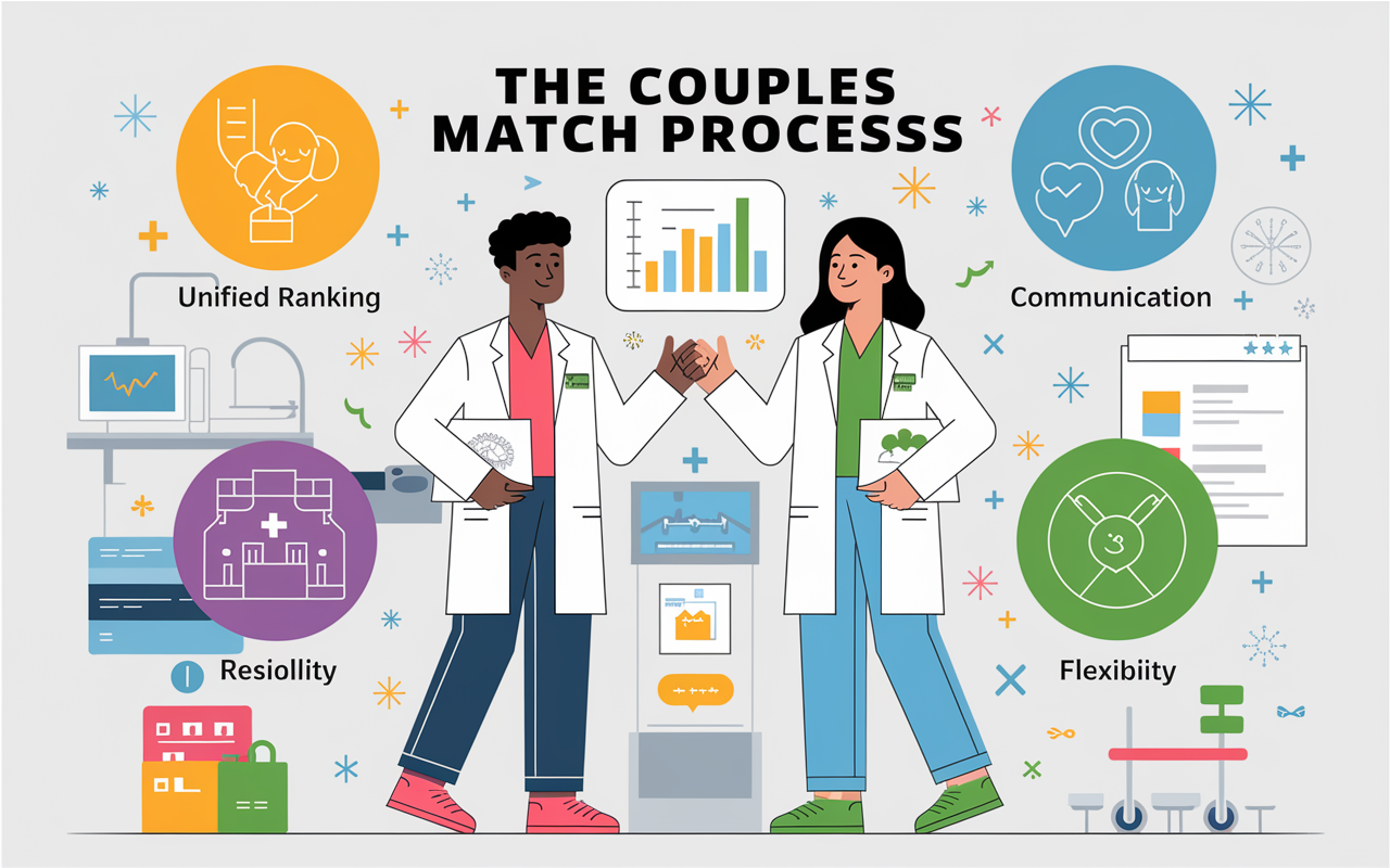 An infographic-style image visually illustrating the Couples Match process. Central figures of two medical students, each holding a chart, are depicted communicating. Around them, icons symbolize key features like 'Unified Ranking', 'Communication', and 'Flexibility'. The background suggests a hospital setting with residency program elements, and bright colors highlighting the collaborative spirit of the Couples Match process.