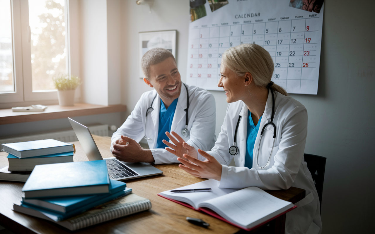 A cozy interior scene of Dr. Sarah and Dr. John, engaged in an animated discussion at a kitchen table covered in medical textbooks and a laptop. Their expressions show concentration and mutual support, as a soft light filters through a nearby window. A wall in the background features a calendar with noted deadlines, symbolizing their unity in planning for their future.