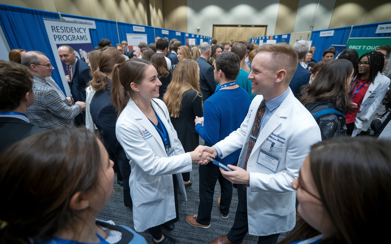 An energetic scene of Dr. Emily and Dr. Mark at a crowded medical conference, surrounded by fellow medical students and experienced faculty. They are engaged in a lively conversation, shaking hands and exchanging contact information, with banners and booths showcasing various residency programs in the background. The atmosphere is dynamic, highlighting the importance of networking in their journey.