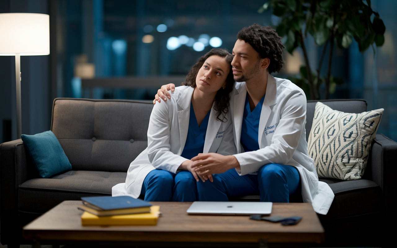 A comforting scene of Dr. Mia and Dr. Leo sitting closely together on a couch in a dimly lit room, one comforting the other while discussing their concerns about the residency match. Emotional expressions depict support and understanding amid stress, with a coffee table in front holding medical textbooks and a laptop, along with a soft glow from a lamp enhancing the emotional warmth.