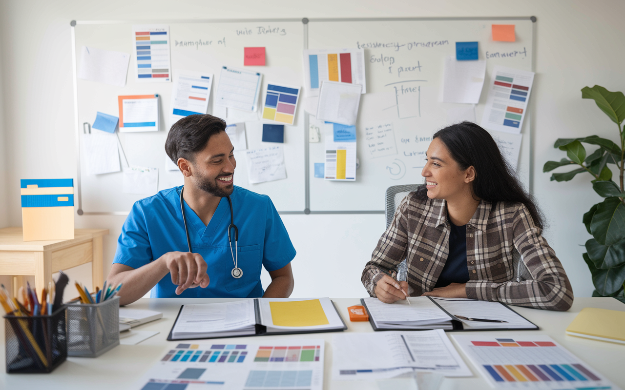 A bright and organized home office scene where Dr. Kavita and Dr. Ryan sit at their desks, surrounded by charts, lists, and residency program folders. They are focused and smiling as they review their plans on a whiteboard filled with notes and drawings, creating an inspiring atmosphere of teamwork and preparation.