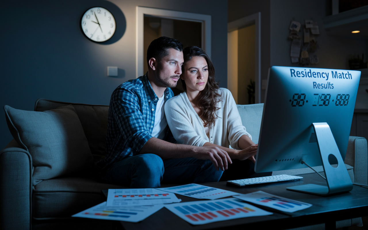 A couple sitting together on a couch in their living room, anxiously looking at a computer screen displaying residency match results. The dim light of the room casts shadows around them, highlighting their tense expressions filled with hope and anxiety. Papers and charts are scattered on the coffee table, emphasizing the stress of the match process. A wall clock in the background shows the late hour, capturing a sense of anticipation.