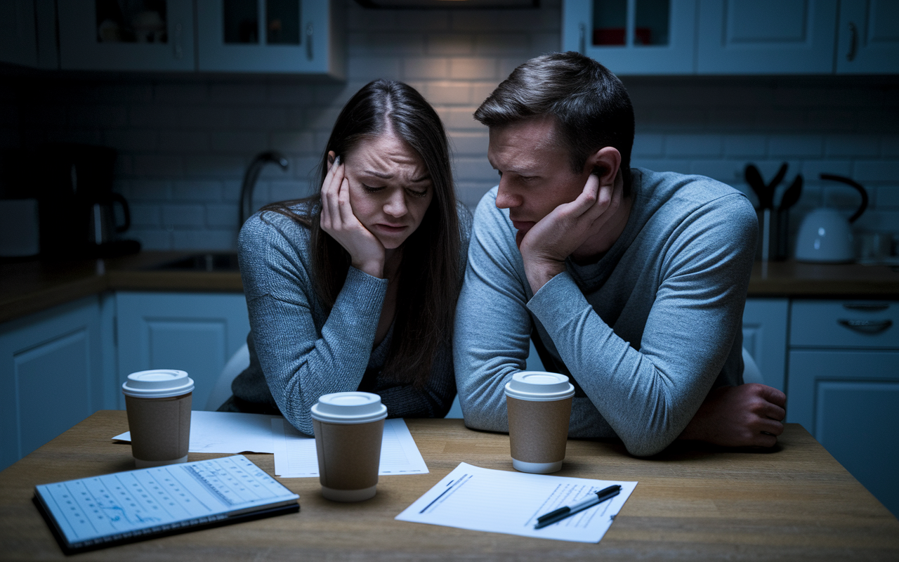 A scene of a couple sitting in their kitchen, both looking frustrated while engaging in a tense discussion. The atmosphere is bleak, with dim lighting and a late evening ambiance, portraying their emotional stress. Coffee cups are half-full on the table, indicating a long day, and a nearby calendar shows overlapping schedules. This scene reflects the communication breakdowns experienced during residency, capturing their conflicting emotions.