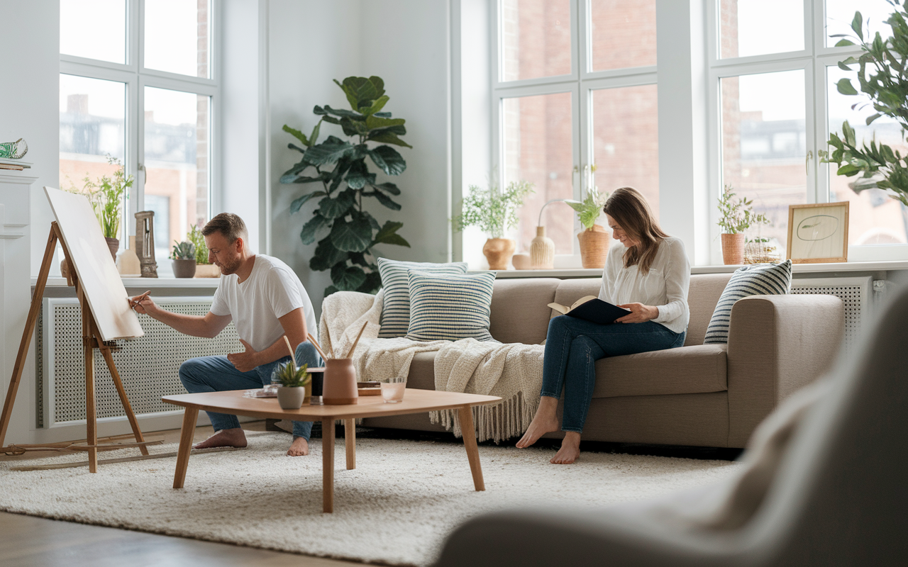 A couple engaged in individual hobbies in a bright, well-lit living room; one partner is painting while the other is reading a book. The room is filled with personal touches and comfort items, conveying a sense of individuality and harmony. Large windows let in natural light, reflecting a serene atmosphere that balances togetherness and independence, highlighting the importance of personal space amidst the challenges of residency.