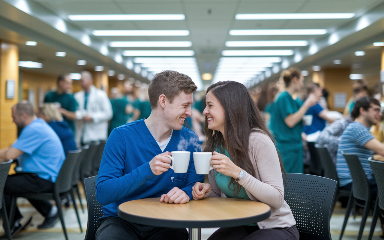 A couple sharing a brief but intimate moment during a coffee break in a hospital cafeteria. They sit close together, exchanging smiles and laughter over steaming mugs, surrounded by busy medical staff and patients. The brightly lit environment contrasts with their cozy bubble, where time feels suspended just for them. The image captures the essence of finding joy in small moments amid the hectic life of residency.