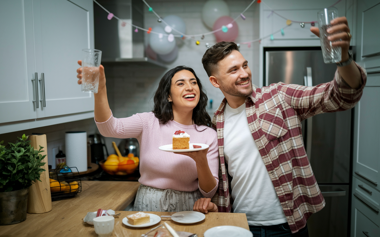 A joyful couple sharing a small celebratory dessert in their kitchen, on a casual weeknight. One partner is holding a plate with a slice of cake, while the other raises a glass of sparkling water, their faces radiating happiness and pride. Decorations like balloons or streamers subtly hint at their ongoing commitment to celebrate every milestone, no matter how minor, against the backdrop of their busy residency lives.